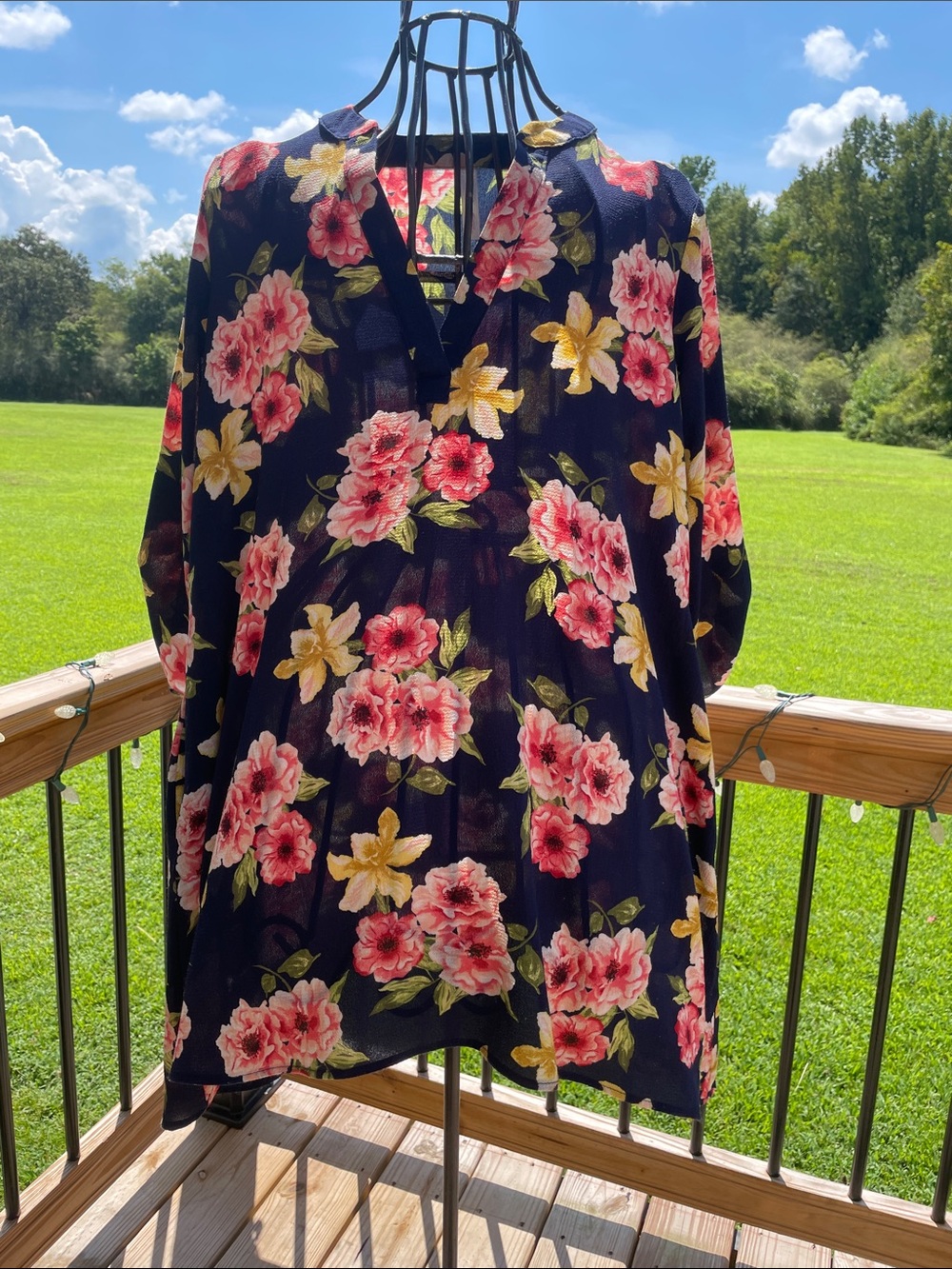 My Story Navy Floral V-Neck Tunic - Pink & Yellow Flowers